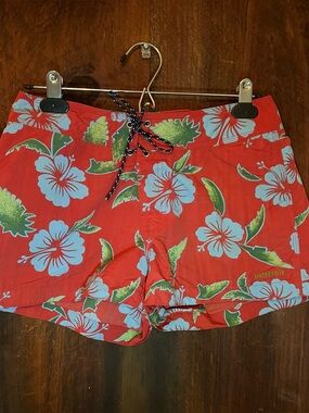 Patagonia Women's Red Floral Board Shorts with Blue Hibiscus